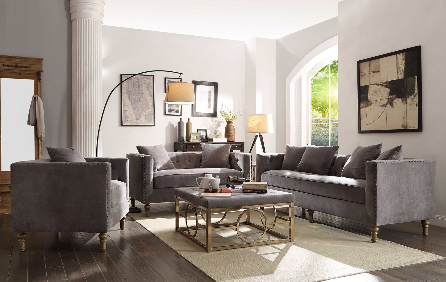 Homeroots 34" X 84" X 31" Gray Velvet Upholstery Sofa w4 Pillows 347269