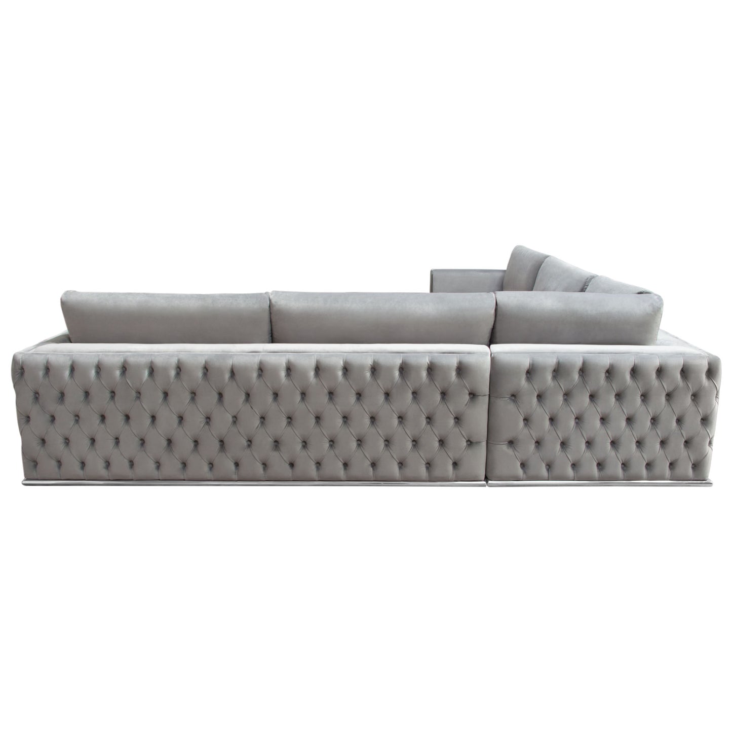 Envy 3PC Sectional in Platinum Grey Velvet with Tufted Outside Detail and Silver Metal Trim by Diamond Sofa