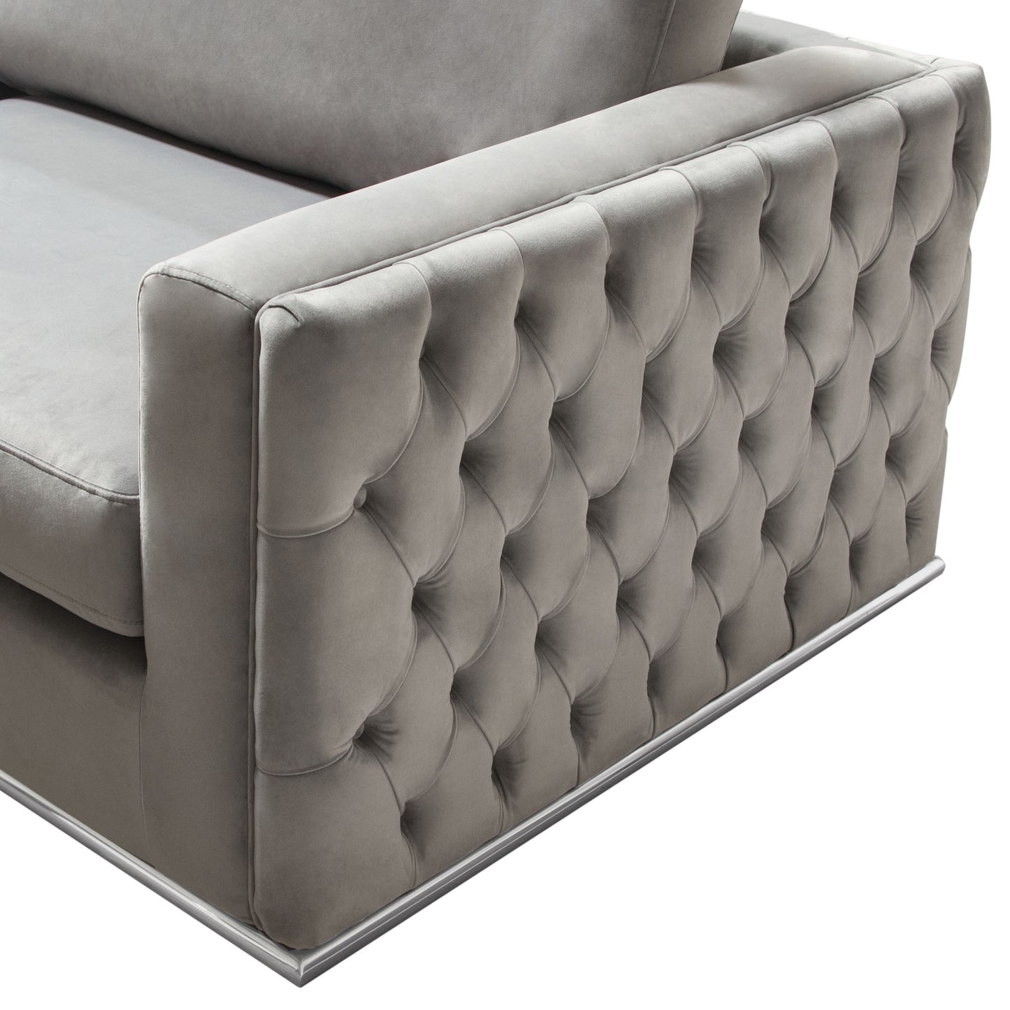 Envy 3PC Sectional in Platinum Grey Velvet with Tufted Outside Detail and Silver Metal Trim by Diamond Sofa