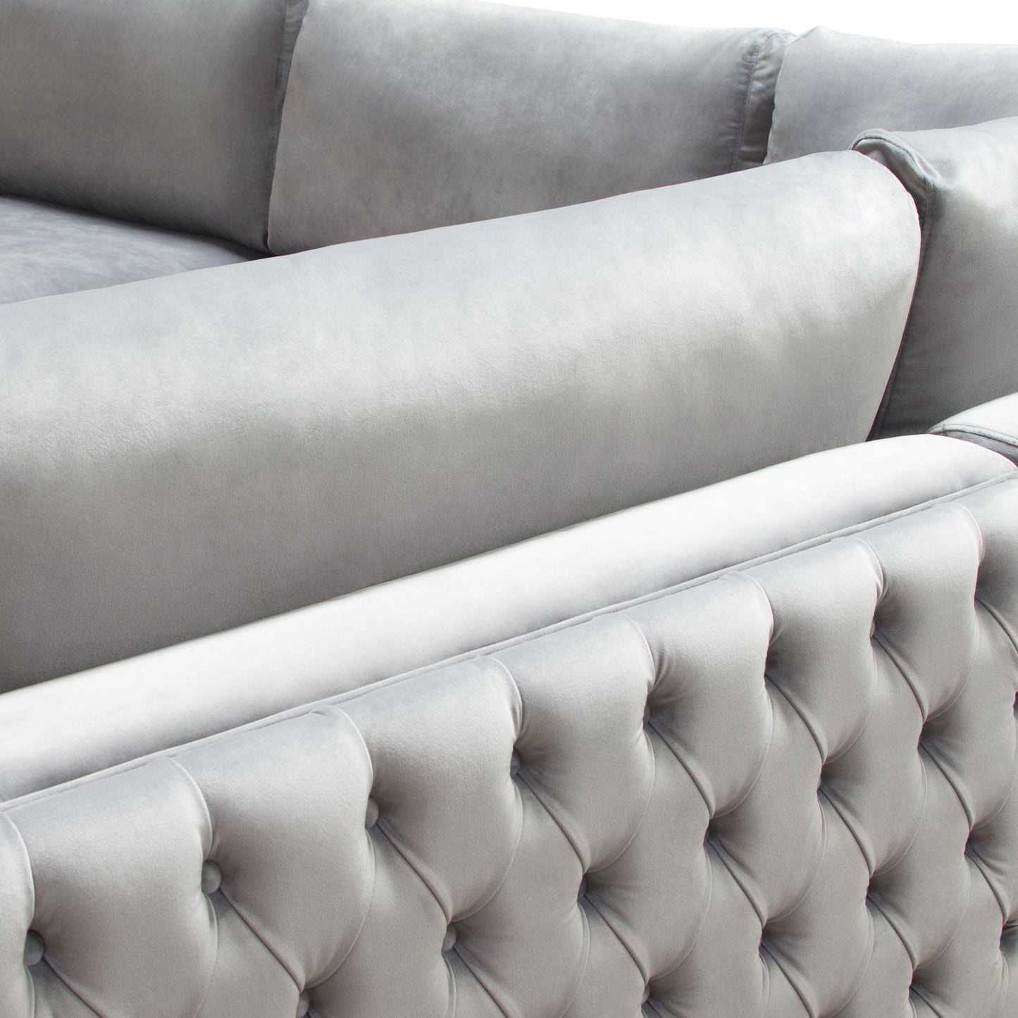 Envy 3PC Sectional in Platinum Grey Velvet with Tufted Outside Detail and Silver Metal Trim by Diamond Sofa