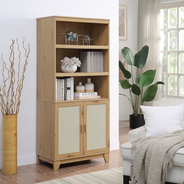 Manhattan Comfort Sheridan Modern Cane Bookcase with Adjustable Shelves