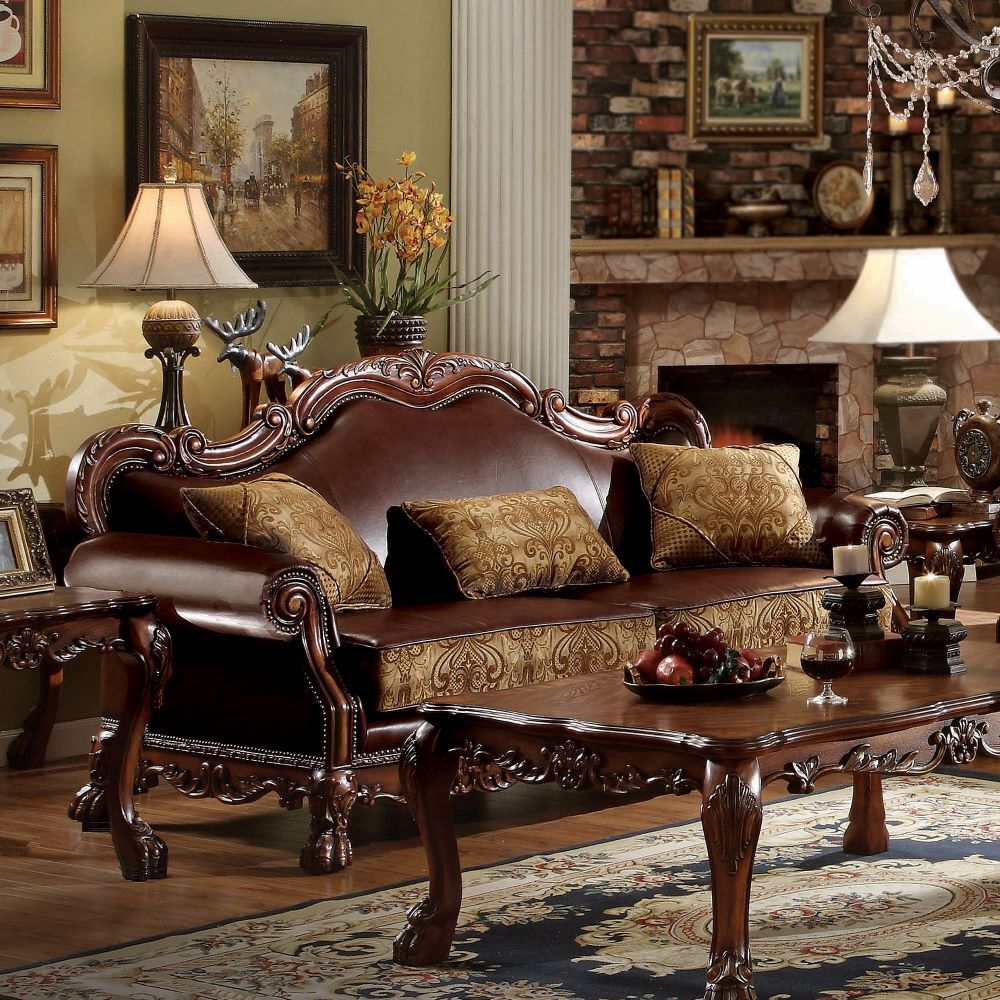 ACME Dresden Sofa Set with Pillows in Cherry Oak Finish