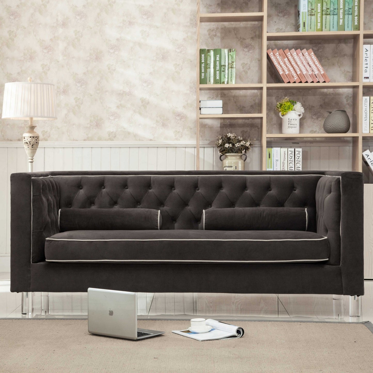 Homeroots Brown Contemporary Polyester Velvet Fabric Upholstered Button Tufted Tuxedo Sofa 302890