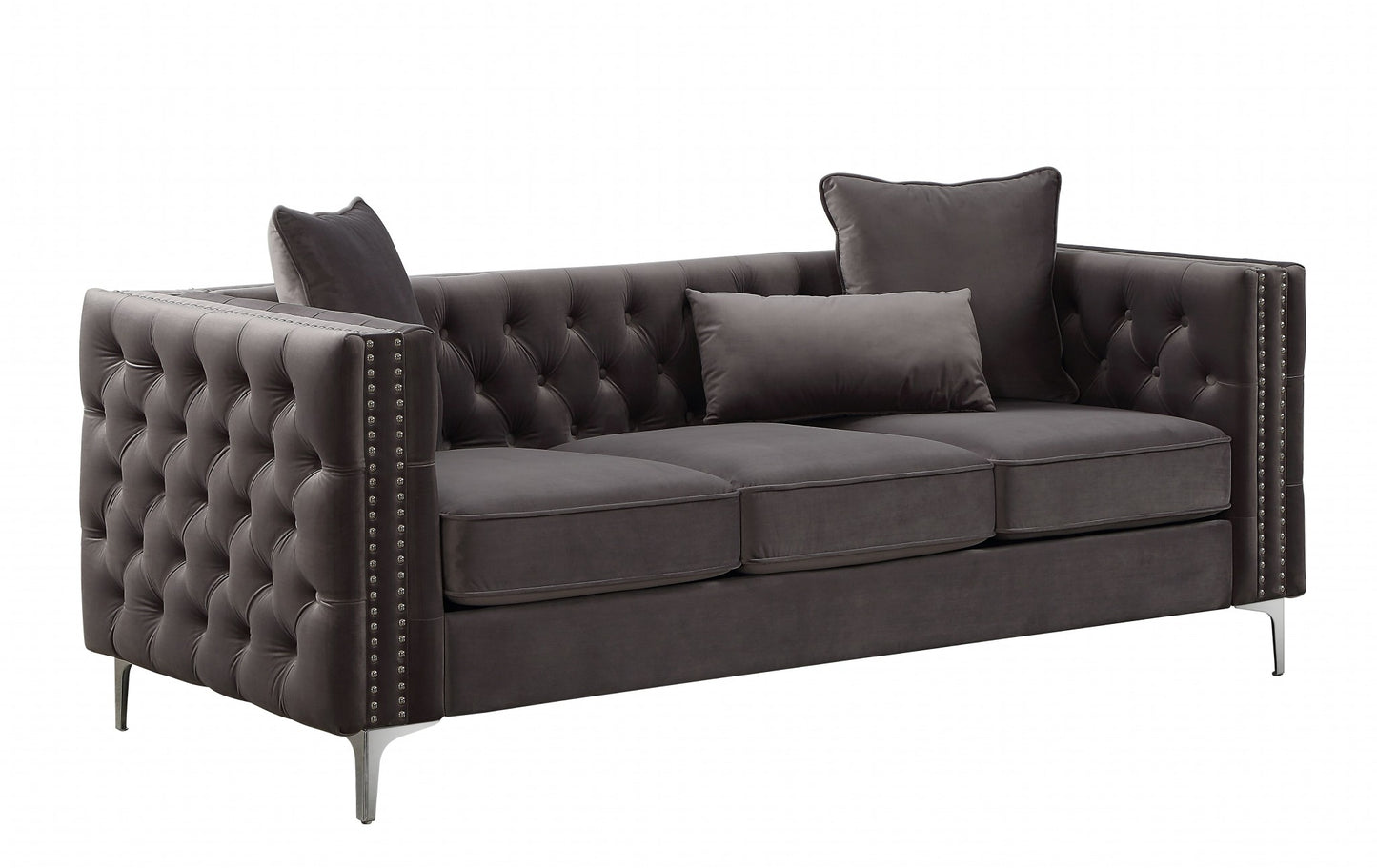 Homeroots 86" X 34" X 30" Dark Gray Velvet Sofa W3 Pillows 318845