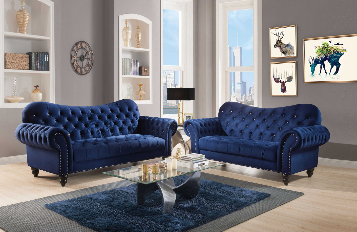 Homeroots 91" X 42" X 31" Navy Velvet Sofa 318850