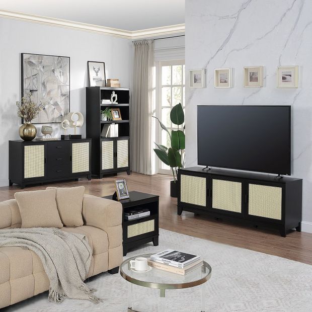 Manhattan Comfort Sheridan Modern Cane 4-Piece Set: Bookcase, TV Stand, Sideboard, End Table