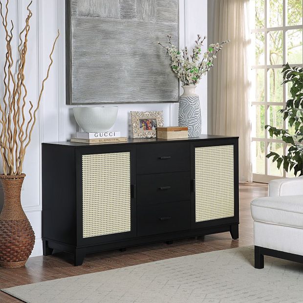 Manhattan Comfort Sheridan Modern Cane 4-Piece Set: Bookcase, TV Stand, Sideboard, End Table