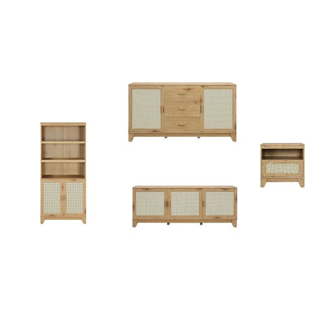 Manhattan Comfort Sheridan Modern Cane 4-Piece Set: Bookcase, TV Stand, Sideboard, End Table