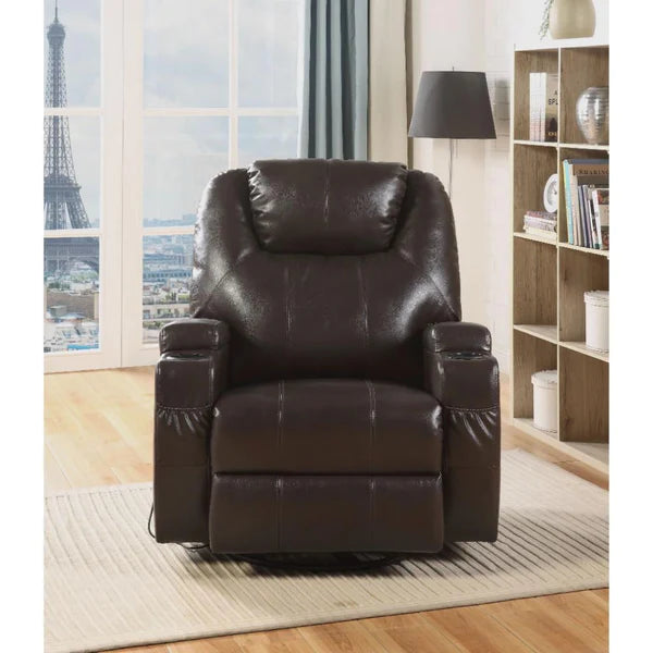 Benzara Contemporary Polyurethane Upholstered Metal Rocker Recliner with Swivel, Brown BM185599