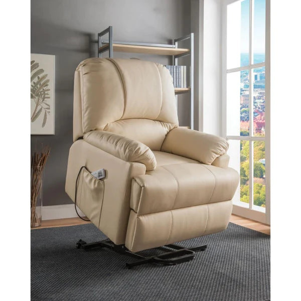 Benzara Contemporary Polyurethane Upholstered Metal Recliner with Power Lift, Beige BM185601