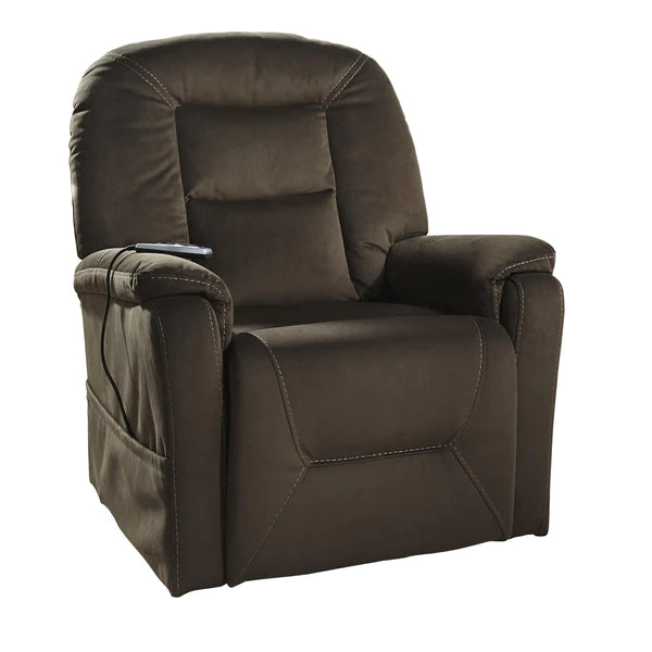 Benzara Fabric Upholstered Metal Frame Power Lift Recliner with Side Pocket, Brown BM209307