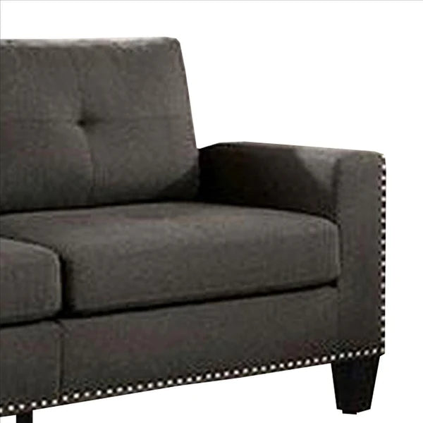 Benzara Fabric Upholstered Sofa with Track Arms and Nailhead Trim, Dark Gray BM239784