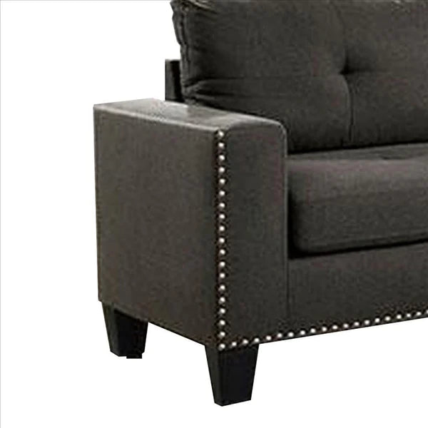 Benzara Fabric Upholstered Sofa with Track Arms and Nailhead Trim, Dark Gray BM239784