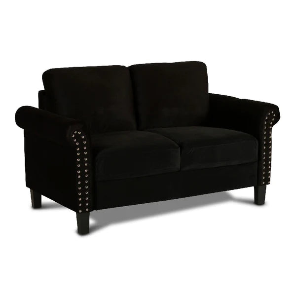 Benzara Judy 60 Inch Velvet Upholstered Loveseat with Nailhead Trim, Black BM271910