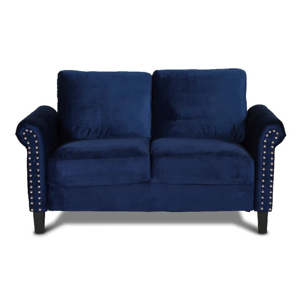 Benzara Judy 60 Inch Velvet Upholstered Loveseat with Nailhead Trim, Blue BM271911