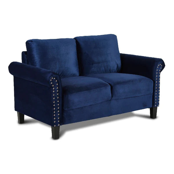 Benzara Judy 60 Inch Velvet Upholstered Loveseat with Nailhead Trim, Blue BM271911