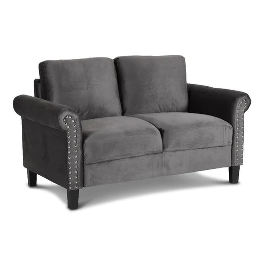 Benzara Judy 60 Inch Velvet Upholstered Loveseat with Nailhead Trim, Gray BM271912