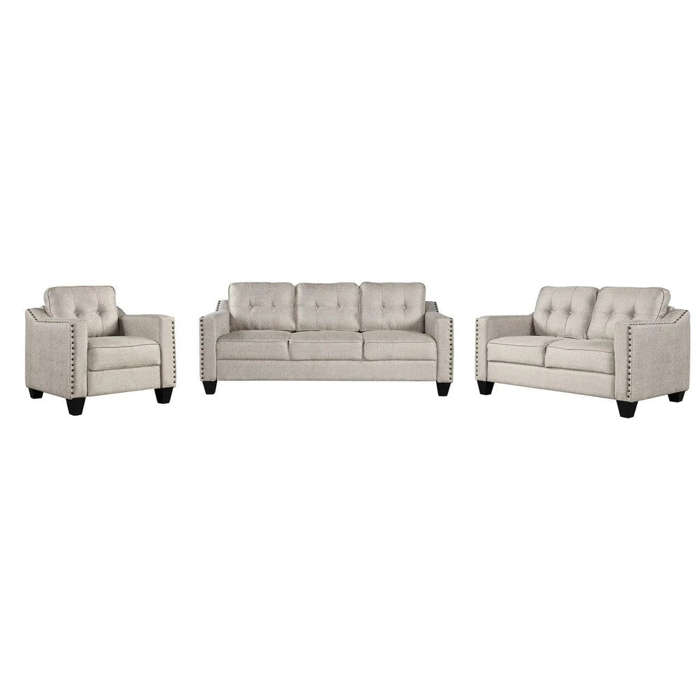 Benzara De 3 Piece Sofa Set, Soft Poly Linen Upholstery and Track Arms, Beige BM285743