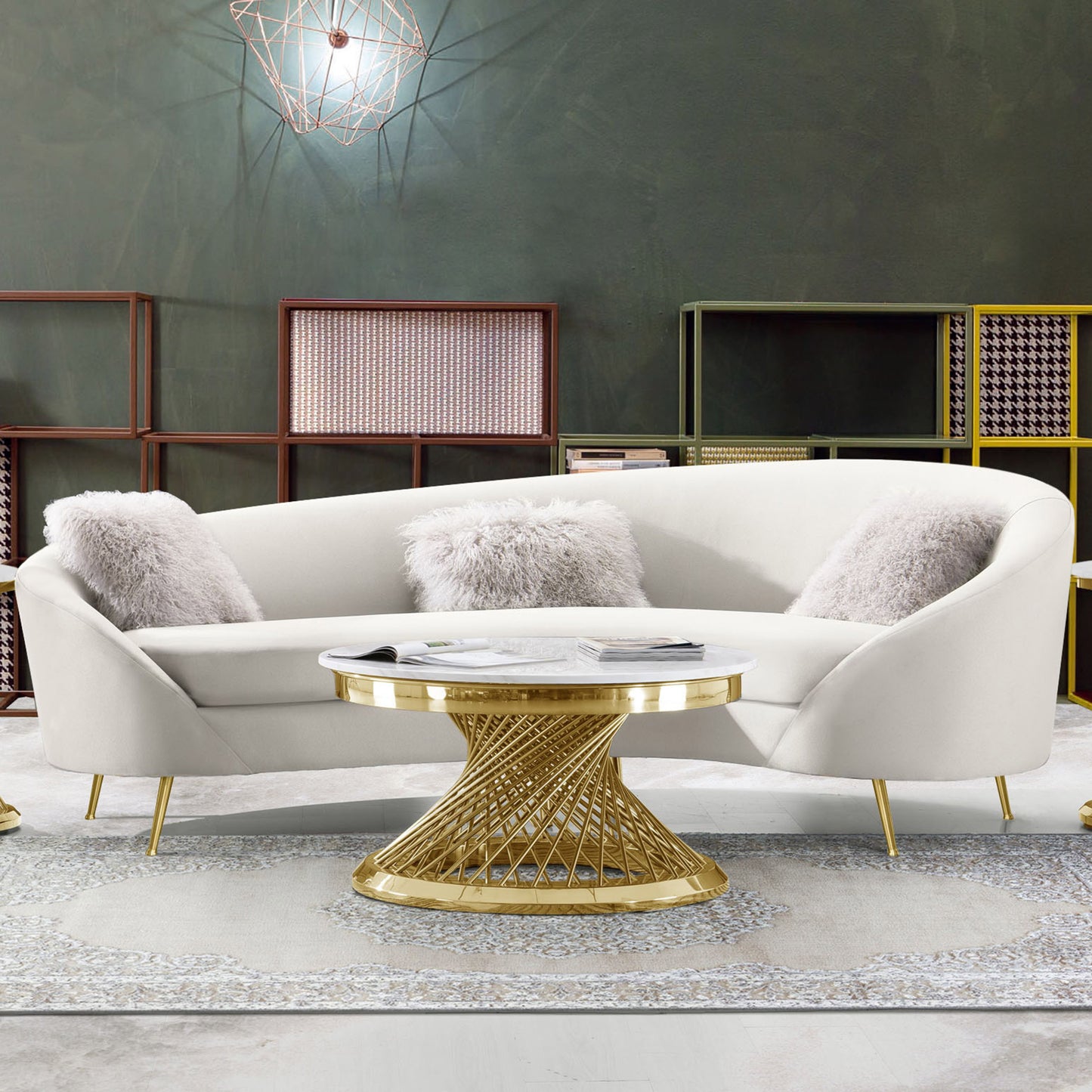 Celine Curved Sofa with Contoured Back in Light Cream Velvet and Gold Metal Legs by Diamond Sofa