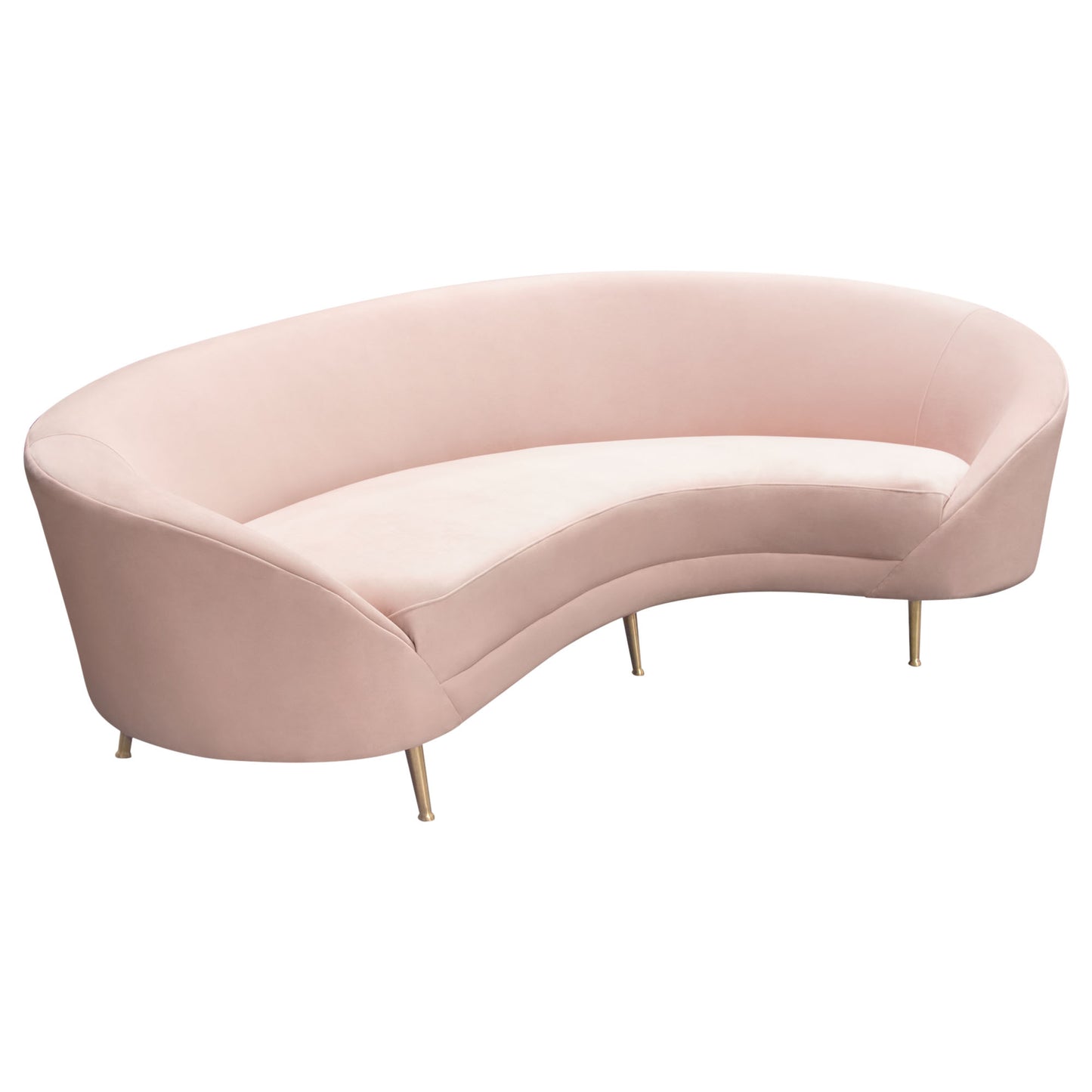 Celine Curved Sofa with Contoured Back in Blush Pink Velvet and Gold Metal Legs by Diamond Sofa