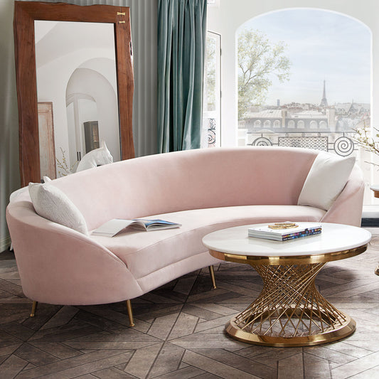 Celine Curved Sofa with Contoured Back in Blush Pink Velvet and Gold Metal Legs by Diamond Sofa