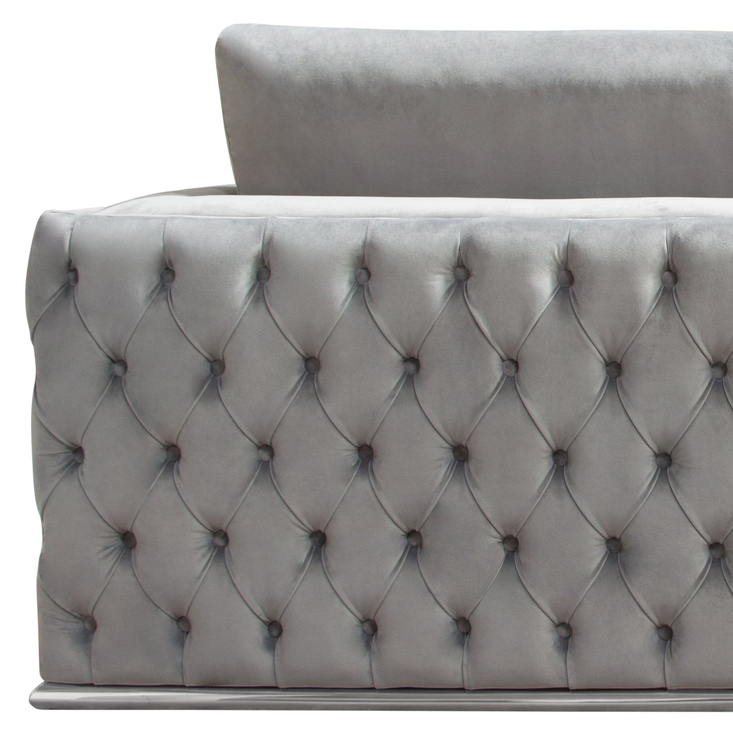 Envy 3PC Sectional in Platinum Grey Velvet with Tufted Outside Detail and Silver Metal Trim by Diamond Sofa