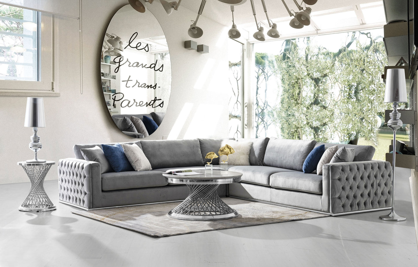 Envy 3PC Sectional in Platinum Grey Velvet with Tufted Outside Detail and Silver Metal Trim by Diamond Sofa