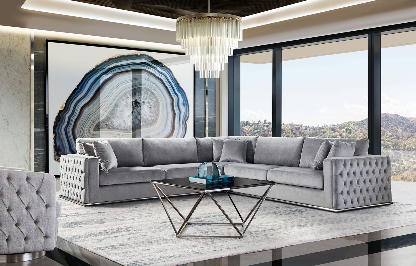 Envy 3PC Sectional in Platinum Grey Velvet with Tufted Outside Detail and Silver Metal Trim by Diamond Sofa