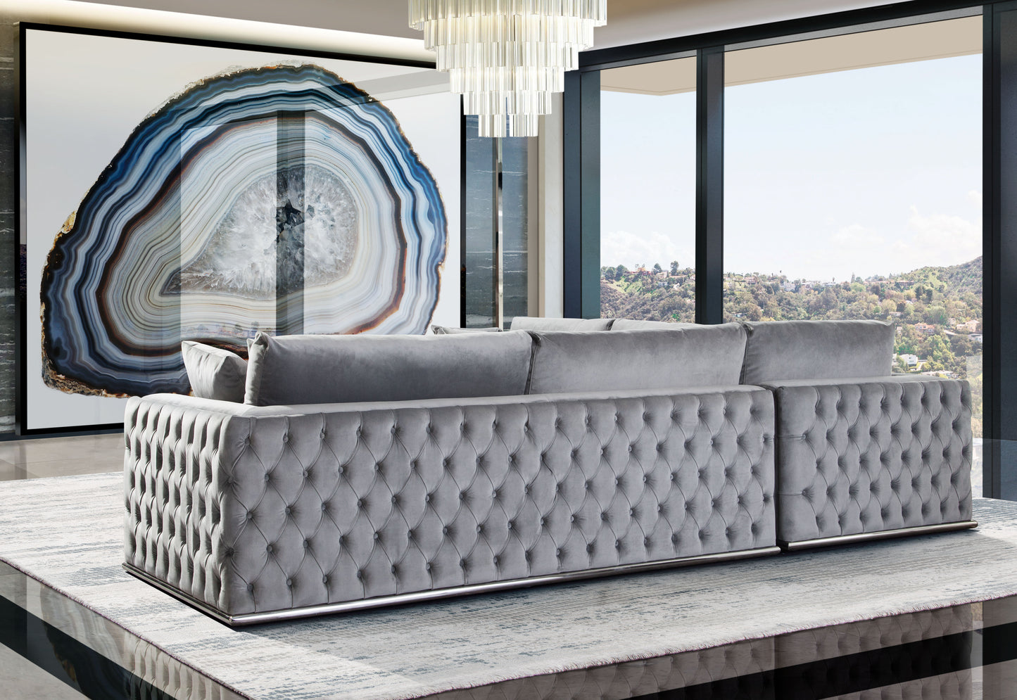 Envy 3PC Sectional in Platinum Grey Velvet with Tufted Outside Detail and Silver Metal Trim by Diamond Sofa