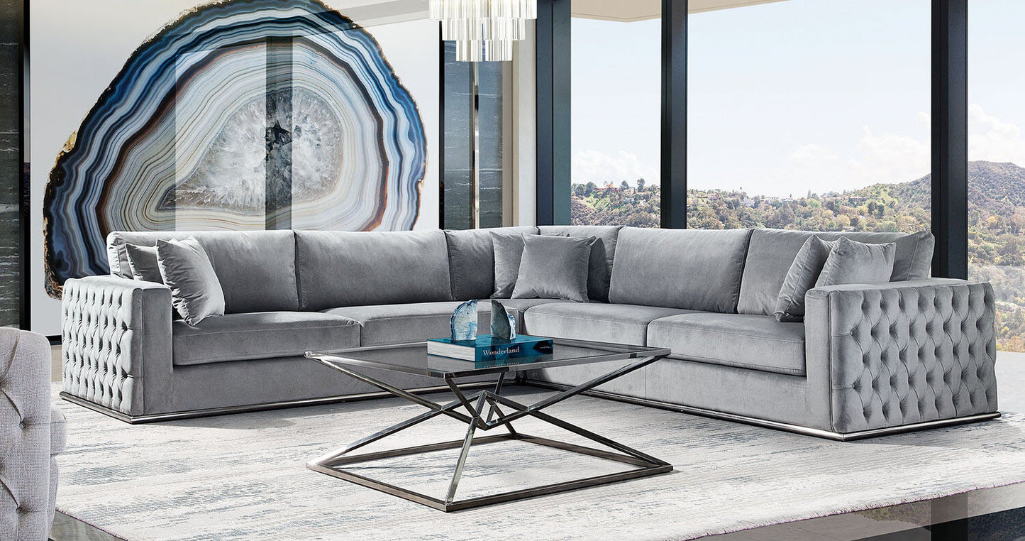 Envy 3PC Sectional in Platinum Grey Velvet with Tufted Outside Detail and Silver Metal Trim by Diamond Sofa