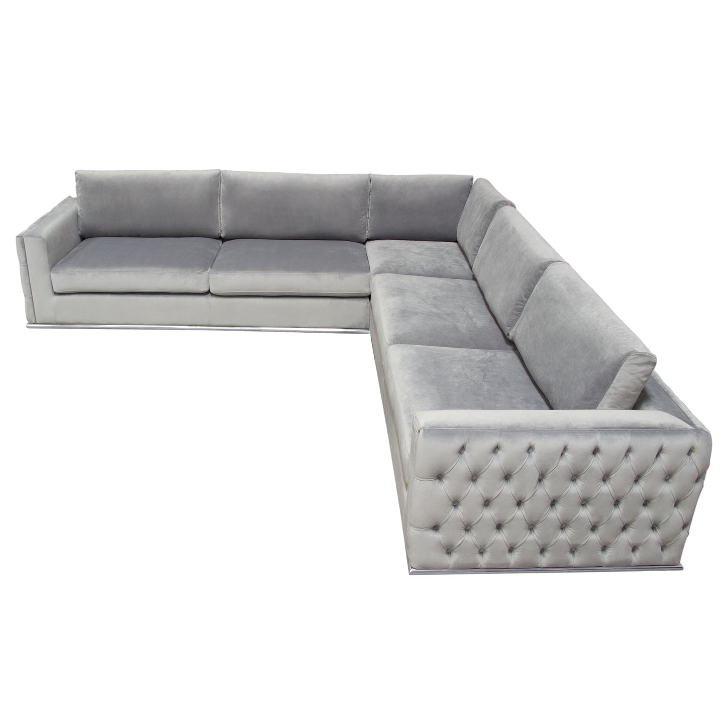 Envy 3PC Sectional in Platinum Grey Velvet with Tufted Outside Detail and Silver Metal Trim by Diamond Sofa