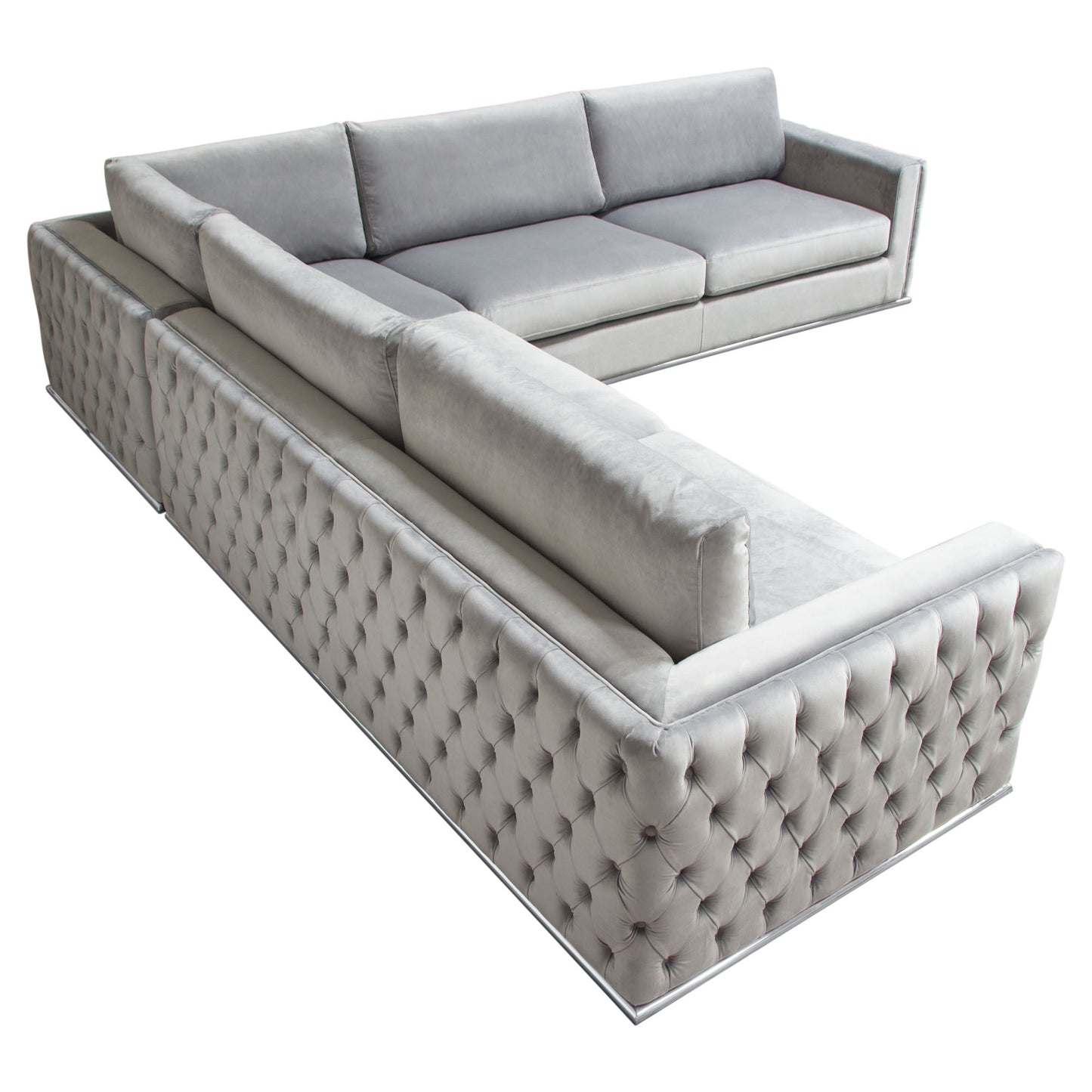 Envy 3PC Sectional in Platinum Grey Velvet with Tufted Outside Detail and Silver Metal Trim by Diamond Sofa