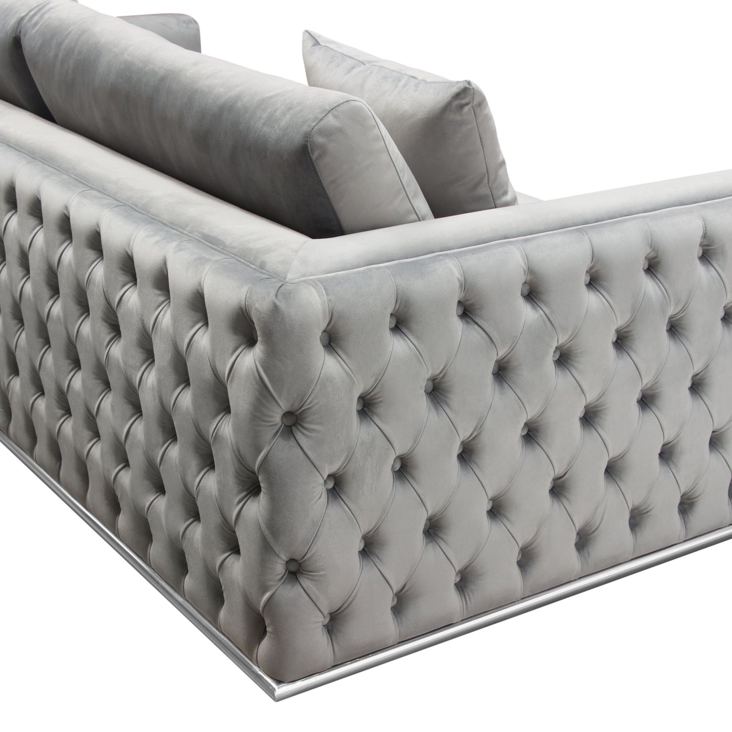 Envy Sofa in Platinum Grey Velvet with Tufted Outside Detail and Silver Metal Trim by Diamond Sofa