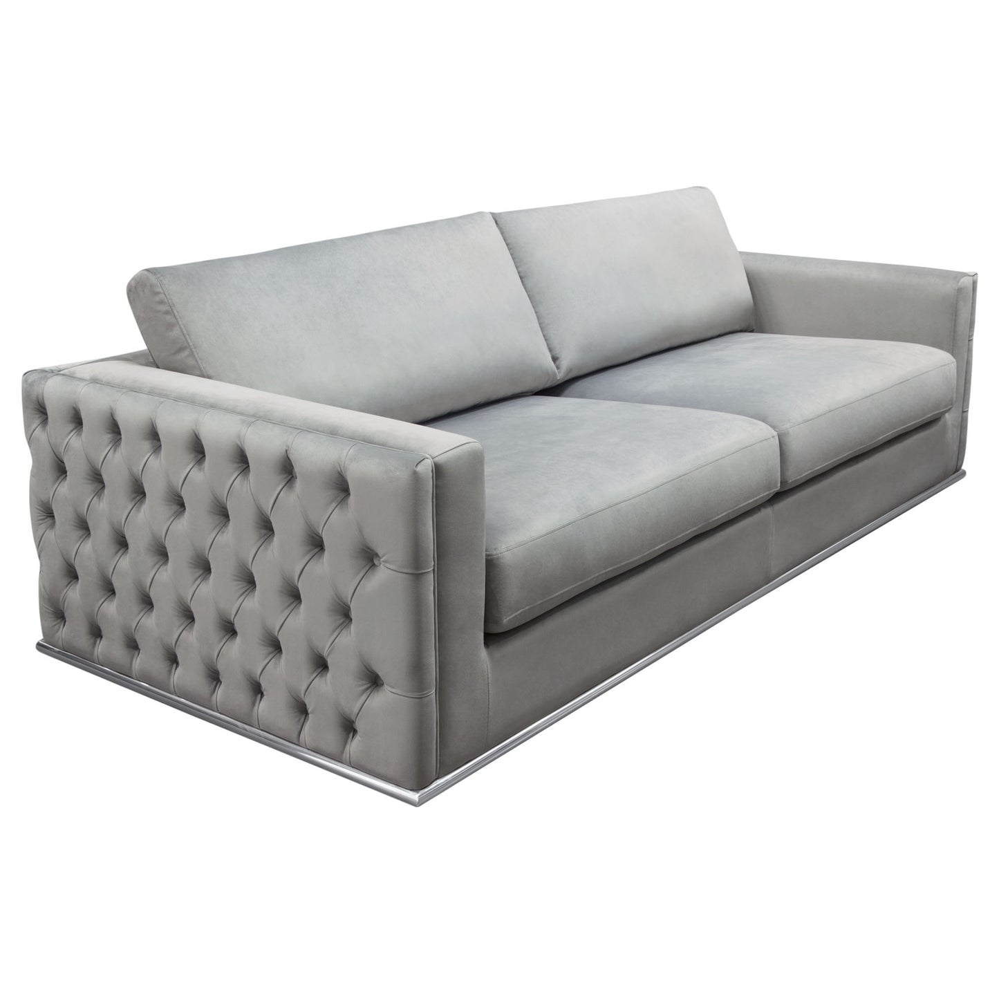 Envy Sofa in Platinum Grey Velvet with Tufted Outside Detail and Silver Metal Trim by Diamond Sofa