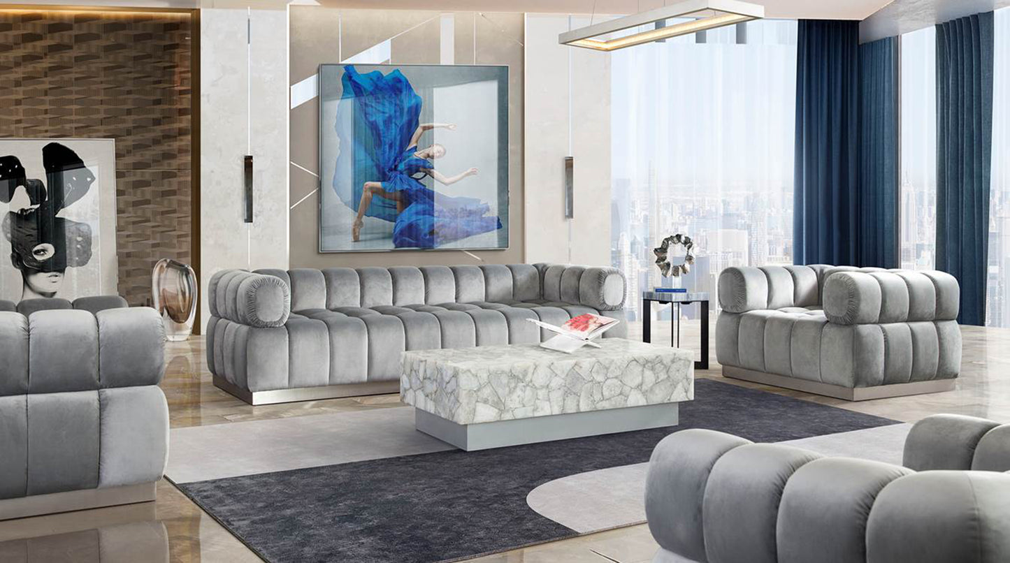 Gemini Genuine White Quartz Cocktail Table w/ Antique Silver Finished Base by Diamond Sofa