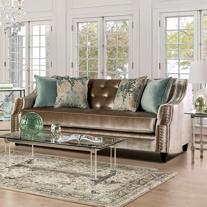 Furniture of America Westmoreland Nailhead Trim Sofa in Champagne IDF-2685-SF