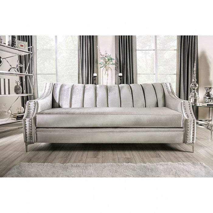 Furniture of America Westmoreland Nailhead Trim Loveseat in Silver IDF-2686-LV