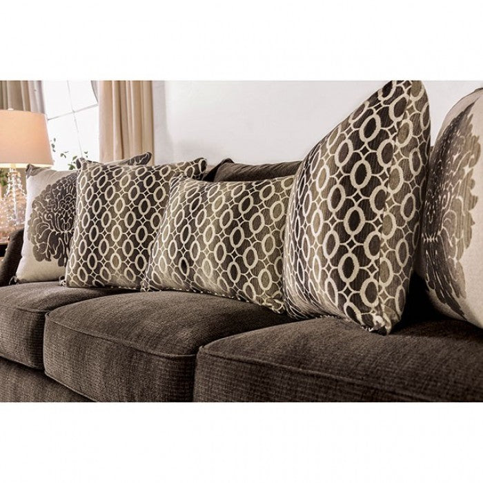 Furniture of America Quinley Contemporary Chenille Nailhead Sofa in Dark Brown IDF-3073-SF