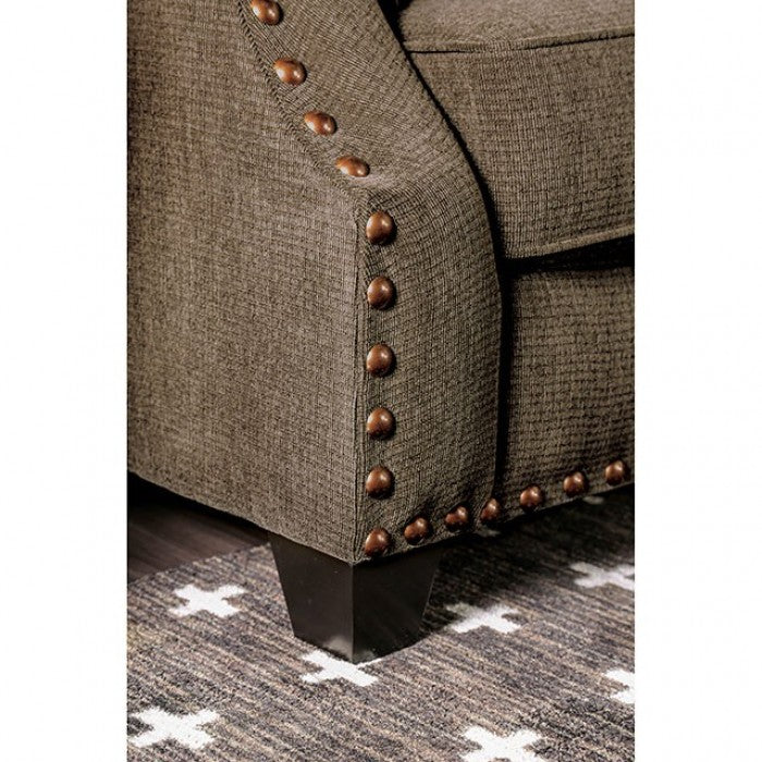 Furniture of America Quinley Contemporary Chenille Nailhead Sofa in Dark Brown IDF-3073-SF