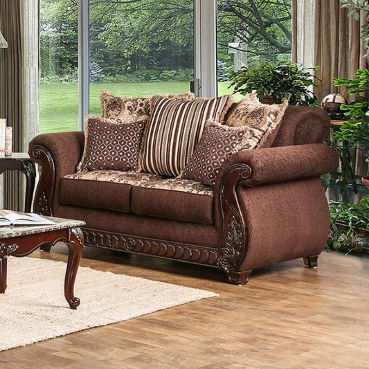 Furniture of America Merzen Traditional Fabric Upholstered Loveseat in Brown IDF-6109-LV