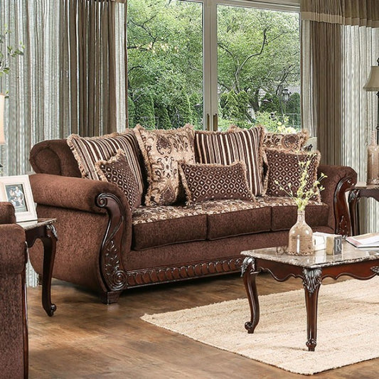 Furniture of America Merzen Traditional Fabric Upholstered Sofa in Brown IDF-6109-SF