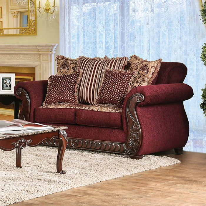 Furniture of America Merzen Traditional Fabric Upholstered Loveseat in Wine IDF-6110-LV