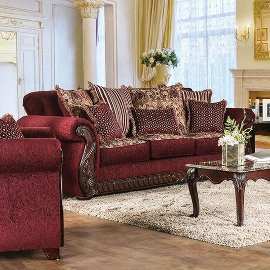 Furniture of America Merzen Traditional Fabric Upholstered Sofa in Wine IDF-6110-SF