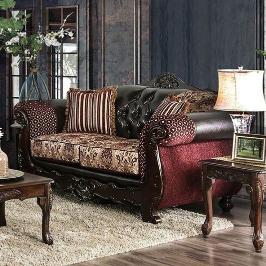 Furniture of America Azzar Traditional Faux Leather Tufted in Burgundy and Dark Brown