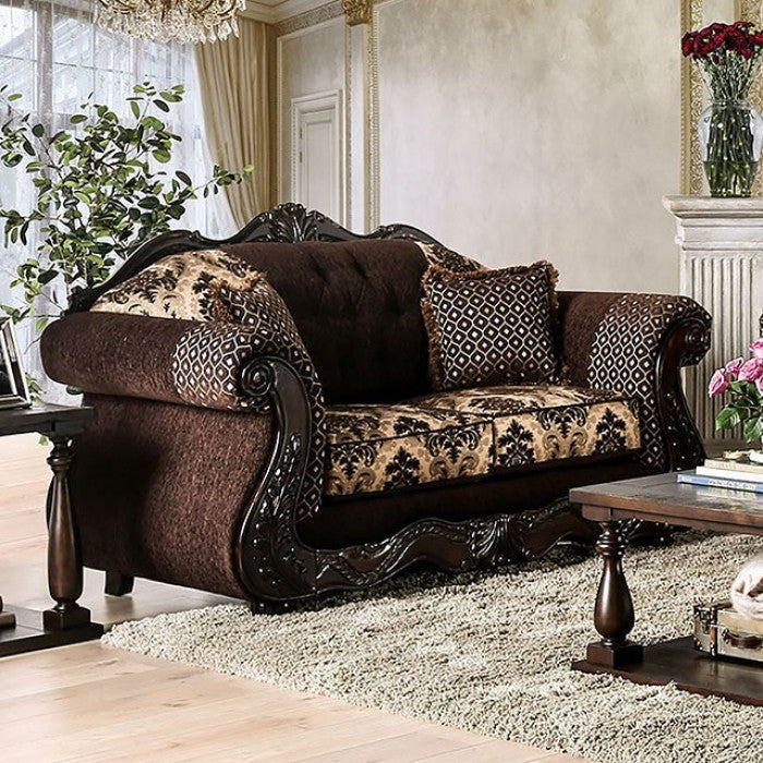 Furniture of America Huan Traditional Rolled Arms Loveseat in Dark Brown IDF-6431-LV