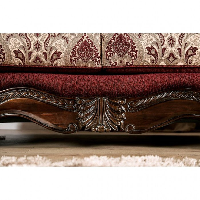 Furniture of America Clearmount Rolled Arms Sofa in Burgundy & Brown