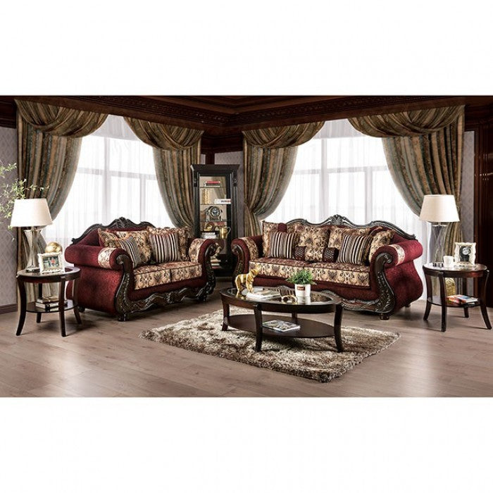 Furniture of America Clearmount Rolled Arms Sofa in Burgundy & Brown