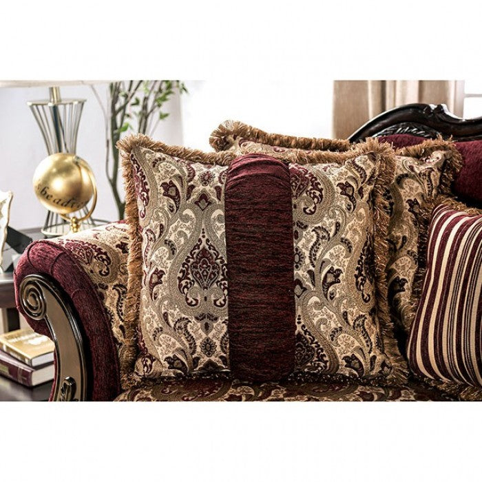 Furniture of America Clearmount Rolled Arms Sofa in Burgundy & Brown