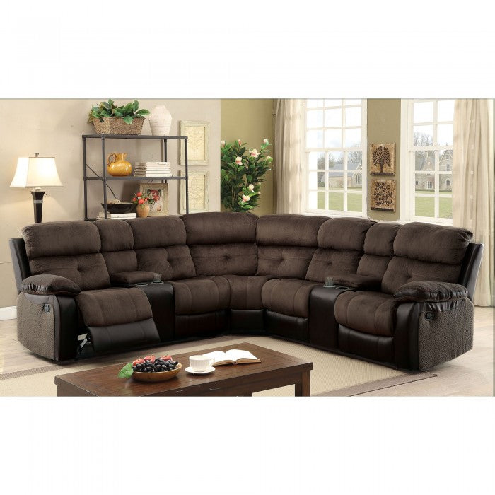 Furniture of America Roxan Transitional Champion Fabric and Faux Leather Reclining Sectional with 2 Consoles IDF-6871-SEC