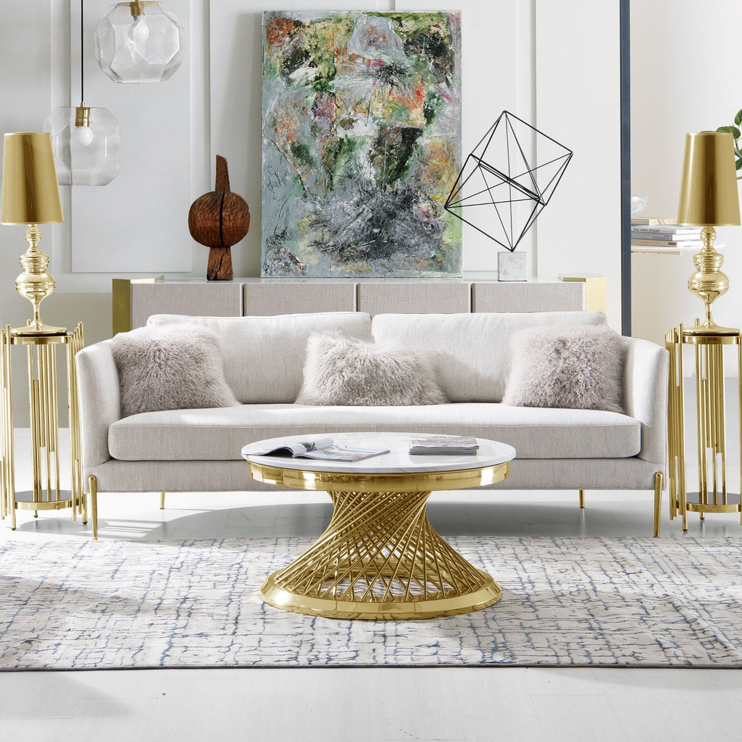 Lane Sofa in Light Cream Fabric with Gold Metal Legs by Diamond Sofa LANESOCM